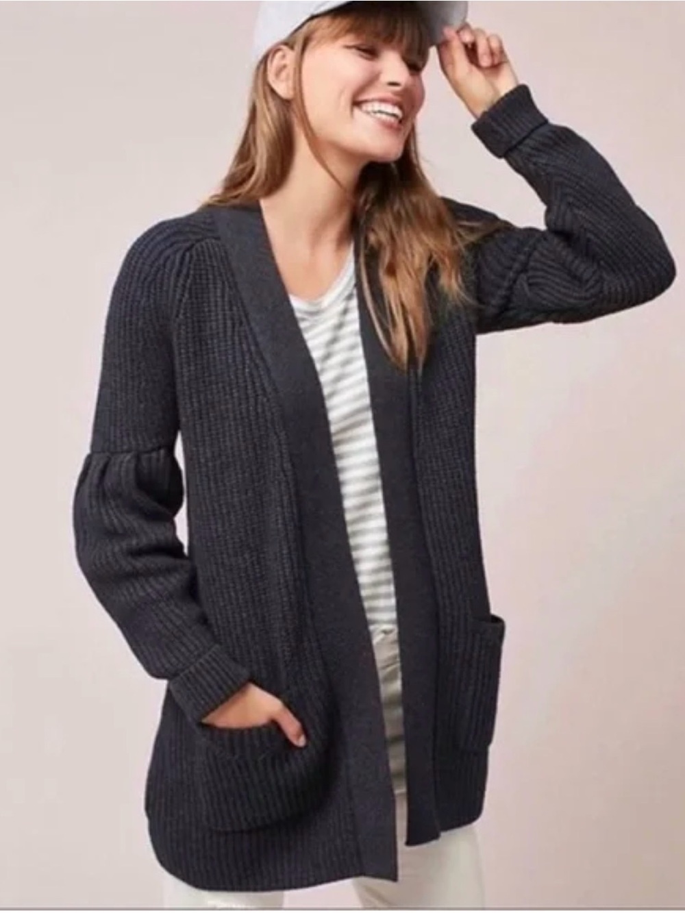 Anthropologie Dark Charcoal Ribbed Open-Front Marjella Cardigan